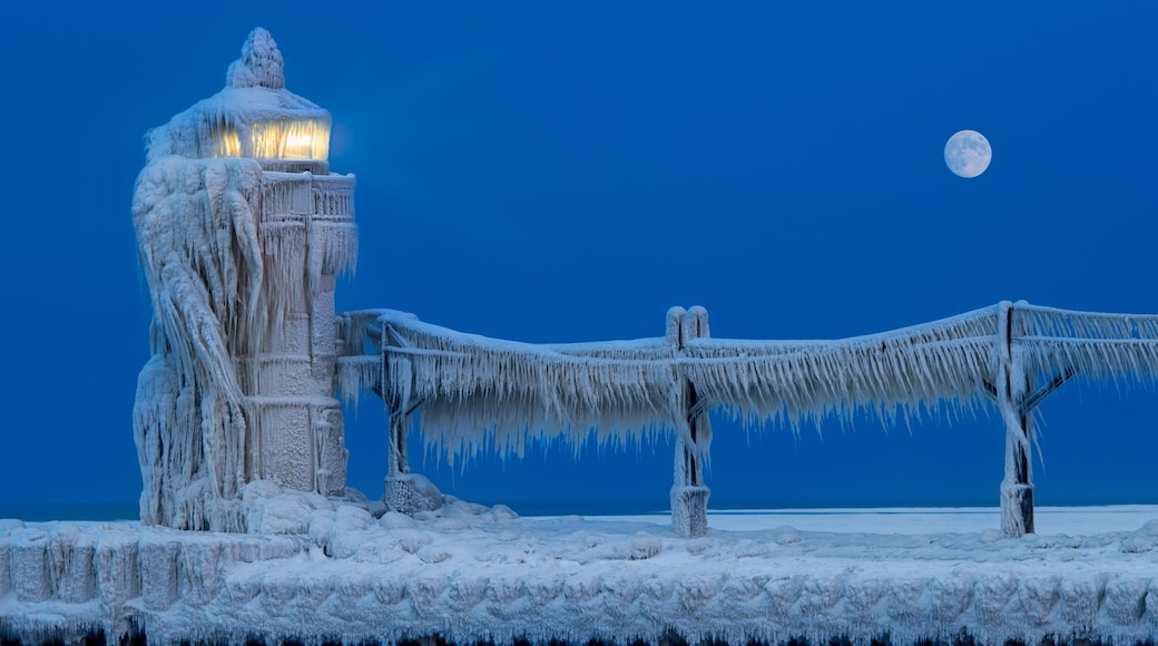 Ice accumulates on the St. Joseph North Pier Lighthouse in Saint Joseph, Michigan