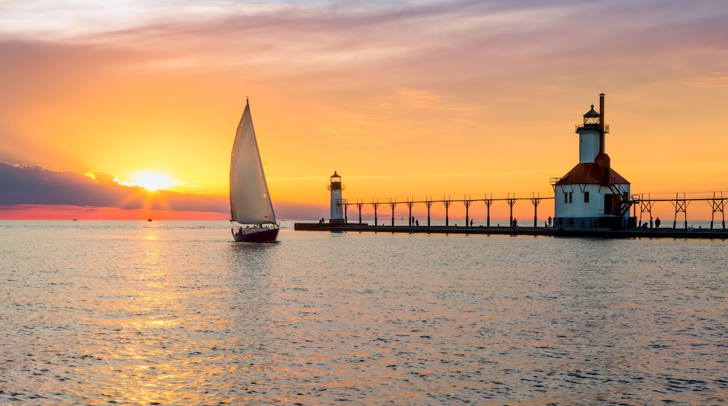 St. Joseph Lighthouses and Sailboat Solstice Sundown - St. Joseph, Michigan on Lake Michigan