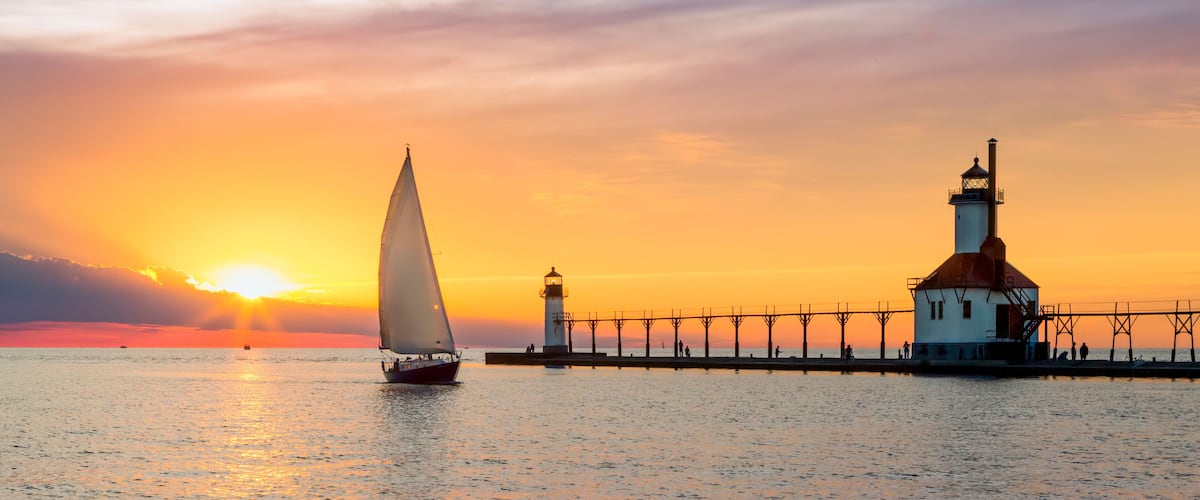 St. Joseph Lighthouses and Sailboat Solstice Sundown - St. Joseph, Michigan on Lake Michigan