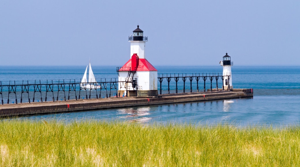 St. Joseph, Michigan North Pier Lighthouses with a Sailboat on Lake Michigan., Shutterstock ID 126385946, purchase_order: SP-1269 HA 2018 Batch 1, Order: , client: , other: