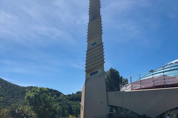 Spire and fountain which are located in an outdoor space that is off the employee cafeteria area.
