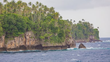 Cliffs along the rocky shoreline of Tuam Island one of the Siassi Islands in the Bismarck Sea off the north coast of Papua New Guinea; Siassi, Vitiaz Strait, Papua New Guinea