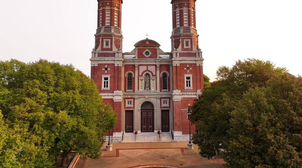 Shrine of St. Joseph Catholic Cathedral Church in Downtown Saint Louis, Missouri with green trees.