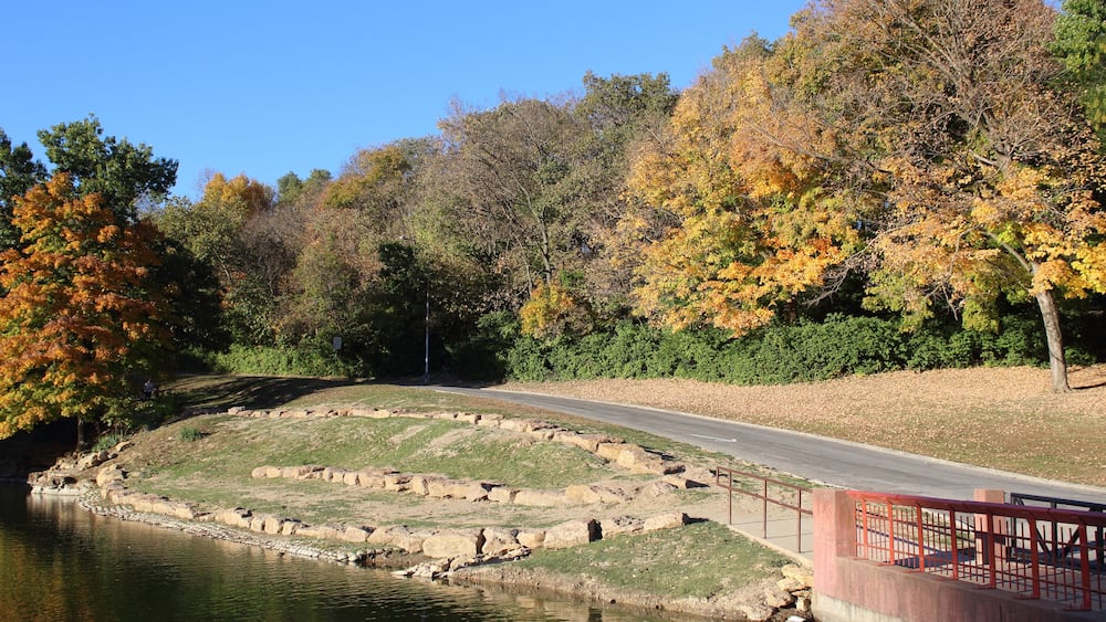 A curved road alongside a body of water with a stone embankment, surrounded by trees with autumn foliage.