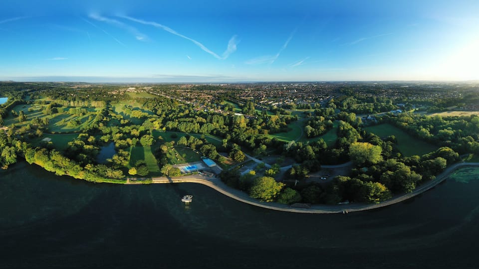 Aerial view of coate water park in Swindon