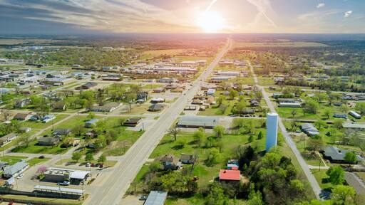 Panorama landscape scenic aerial view of a suburban settlement in a beautiful detached houses the Stroud town Oklahoma USA