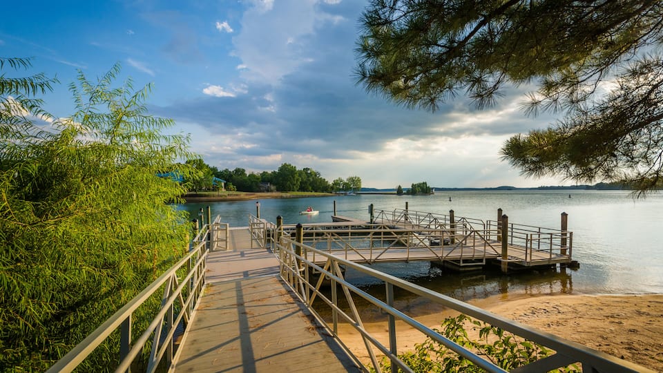Docks on the shore of Lake Norman, at Ramsey Creek Park, in Corn