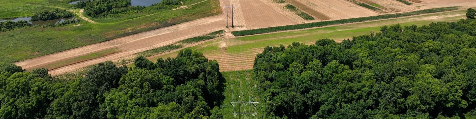 Santee River Dam on Lake Marion, South Carolina, Aerial drone view of electric power lines