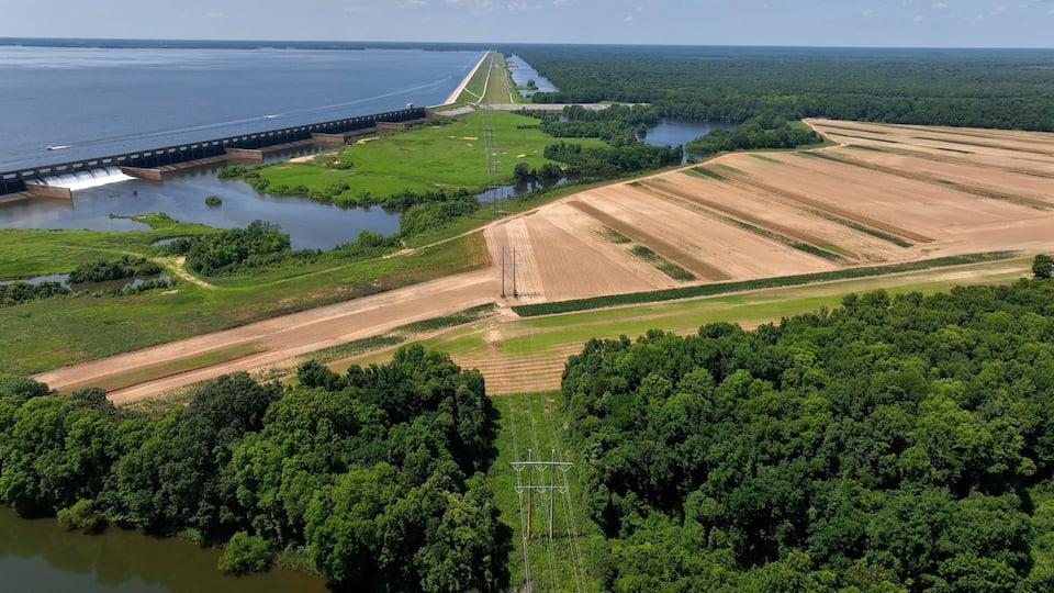 Santee River Dam on Lake Marion, South Carolina, Aerial drone view of electric power lines