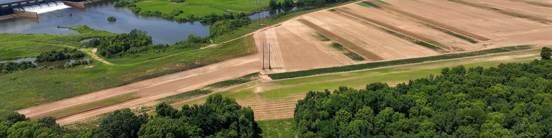Santee River Dam on Lake Marion, South Carolina, Aerial drone view of electric power lines