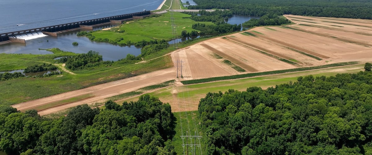 Santee River Dam on Lake Marion, South Carolina, Aerial drone view of electric power lines