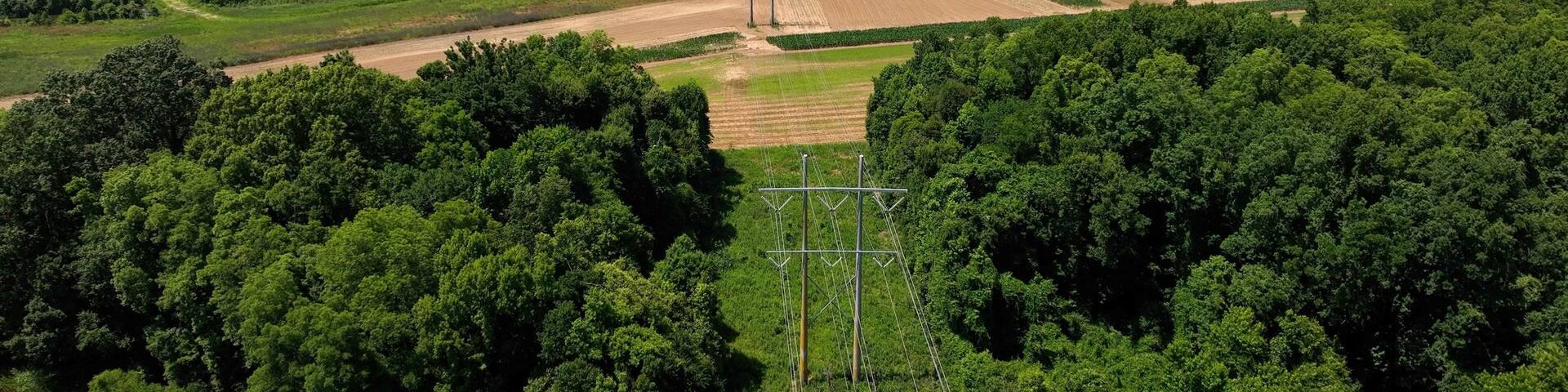 Santee River Dam on Lake Marion, South Carolina, Aerial drone view of electric power lines