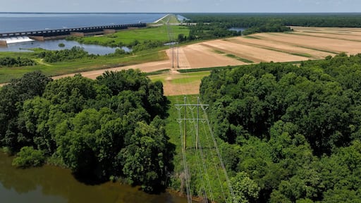 Santee River Dam on Lake Marion, South Carolina, Aerial drone view of electric power lines