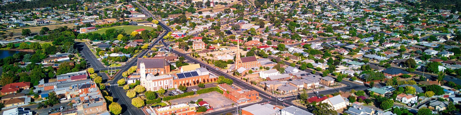 Aerial view of Stawell central business district. Stawell is a town in Australia situated in the Wimmera region of Victoria. It is located 237 kilometres west-north-west of Melbourne.