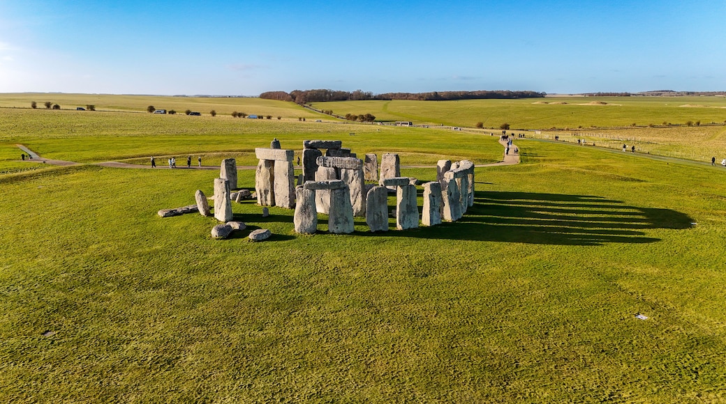 Stonehenge in a grassy field with a clear sky.