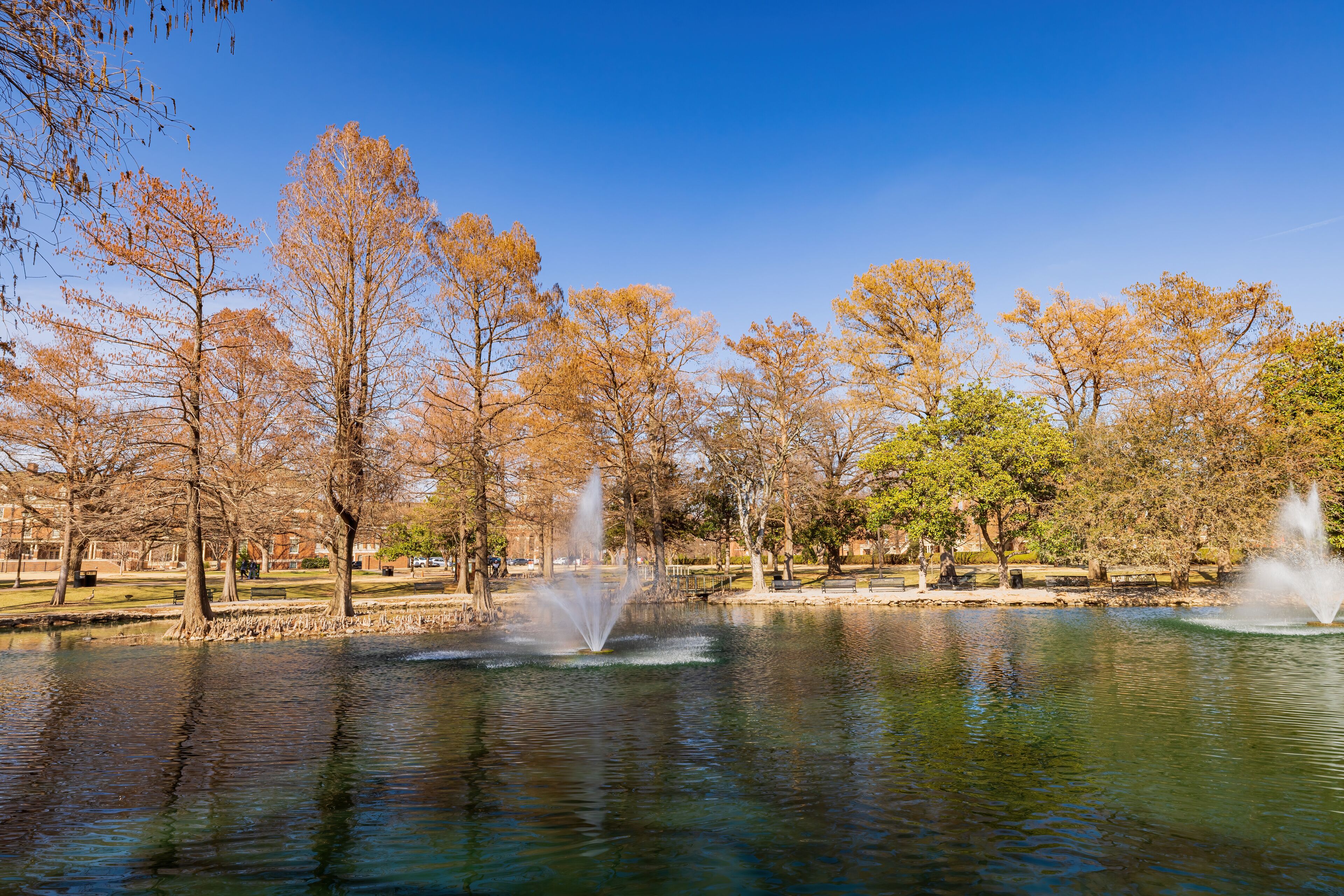 Sunny exteior view of the campus of Oklahoma State University