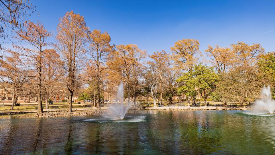 A park with a pond, trees, and a fountain.