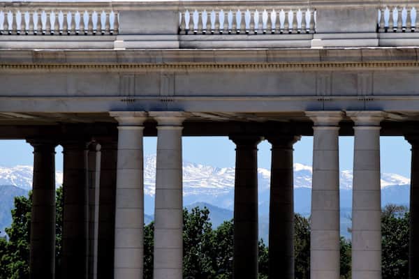 In springtime, the Rockies are still covered in snow while it's in the 70s and 80s in the city. Some of the best views in town are at Cheesman Park.