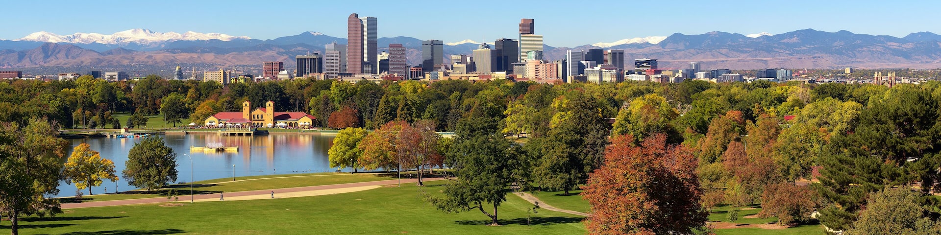 Skyline of Denver downtown with Rocky Mountains