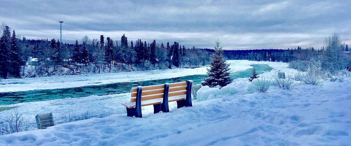 A snow-covered landscape with a bench, a river, and a forest.
