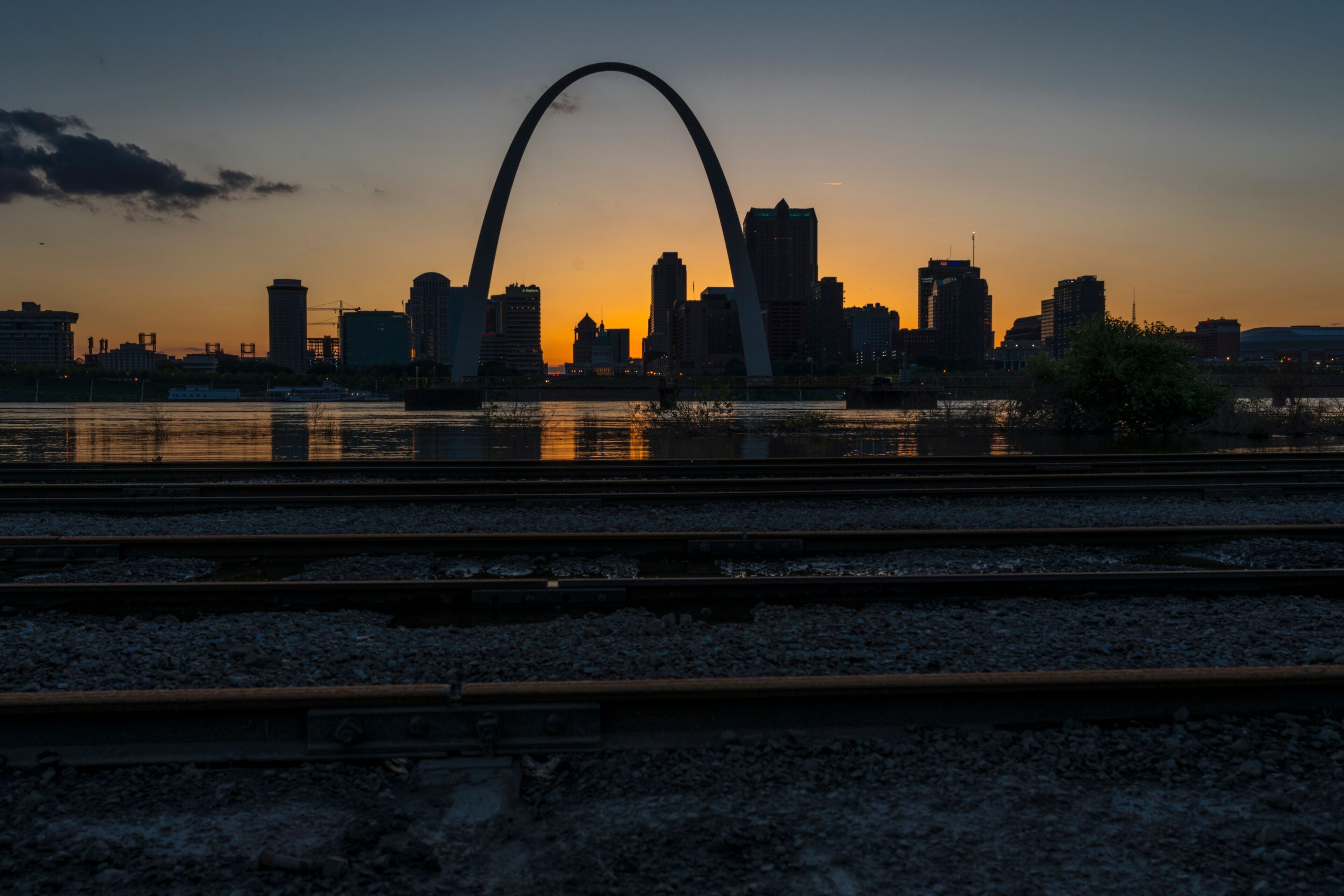 MAY 2019, ST LOUIS, MO., USA - Sunset on St. Louis, Missouri skyline on Mississippi River - shot from East St. Louis, Illinois