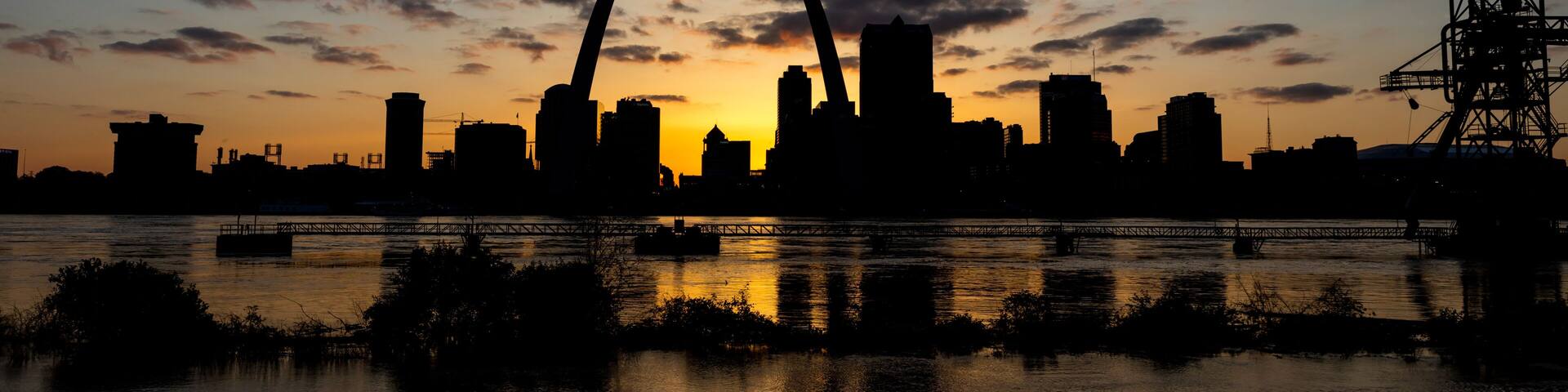 MAY 13 2019, ST LOUIS, MO., USA - St. Louis, Missouri skyline on Mississippi River - shot from East St. Louis, Illinois