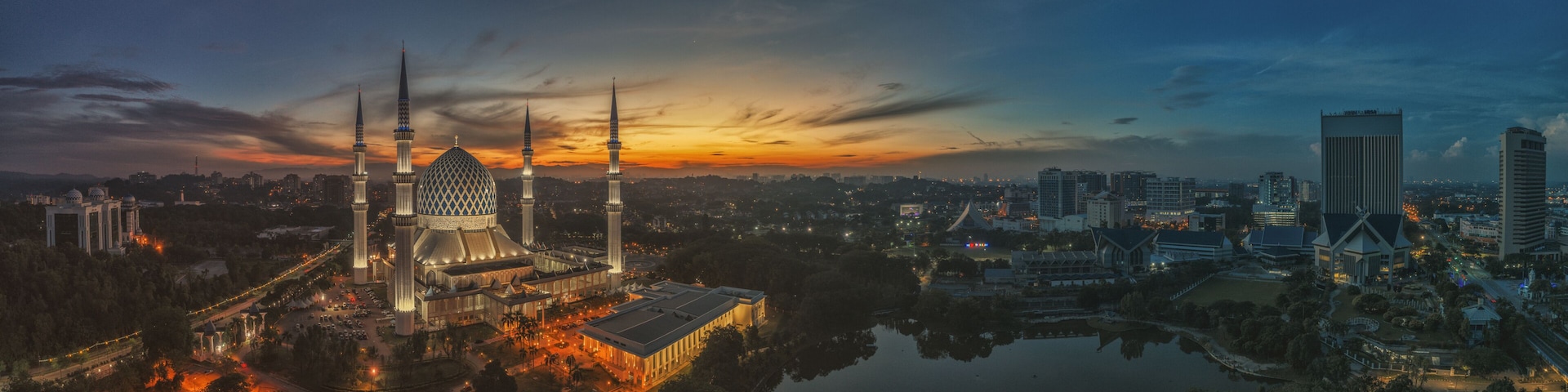 Aerial Panoramic view of Shah Alam City during Sunrise. The photo is taken by Drone.