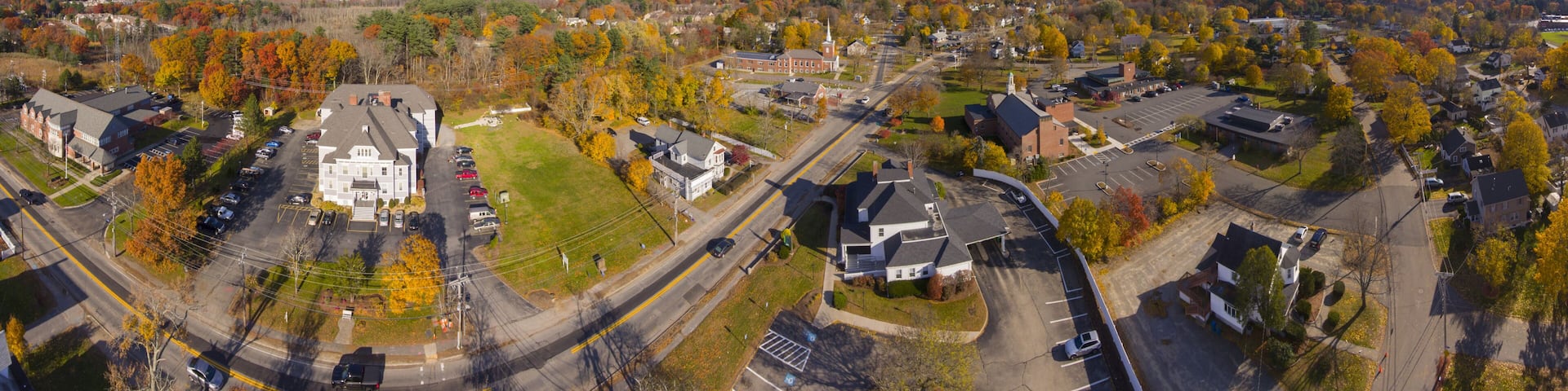 Tewksbury historic town center aerial view panorama on Main Street in fall, Tewksbury, Massachusetts, MA, USA.