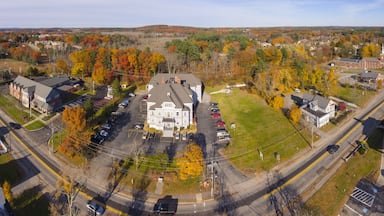 Tewksbury historic town center aerial view panorama on Main Street in fall, Tewksbury, Massachusetts, MA, USA.