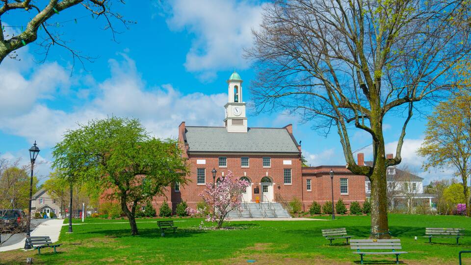 Tewksbury Town Hall in spring at 1009 Main Street on Town Common in historic town center of Tewksbury, Middlesex County, Massachusetts MA, USA.