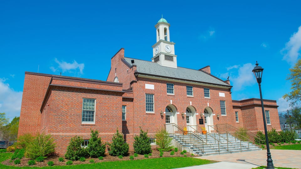 Tewksbury Town Hall in spring at 1009 Main Street on Town Common in historic town center of Tewksbury, Middlesex County, Massachusetts MA, USA.