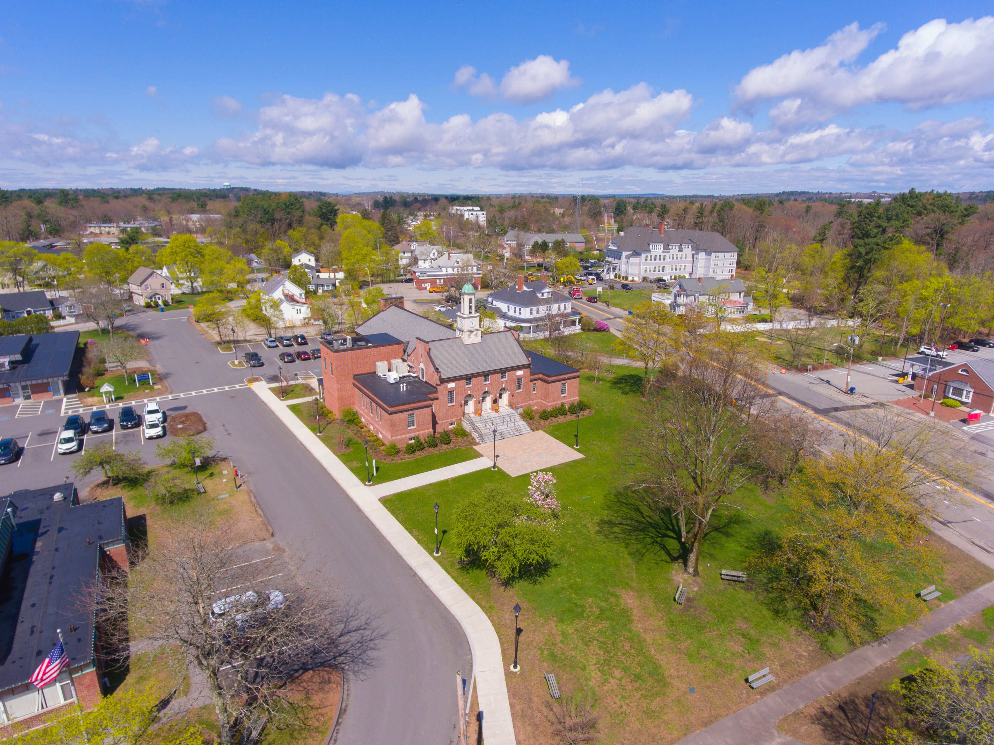 Tewksbury Town Hall aerial view in spring at 1009 Main Street on Town Common in historic town center of Tewksbury, Middlesex County, Massachusetts MA, USA. 
