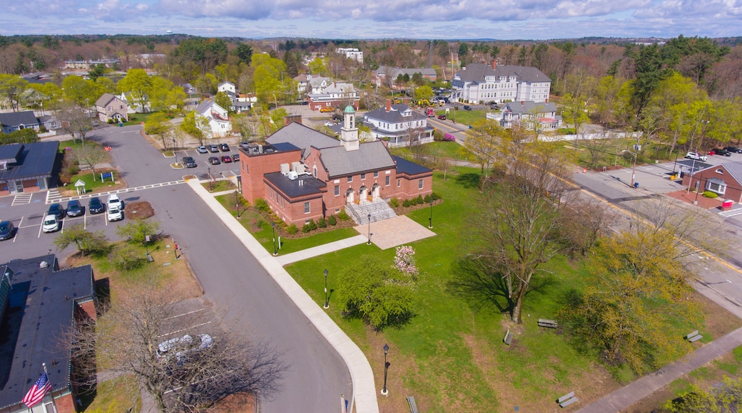 Tewksbury Town Hall aerial view in spring at 1009 Main Street on Town Common in historic town center of Tewksbury, Middlesex County, Massachusetts MA, USA.