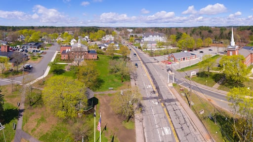 Tewksbury Town Hall and Congregational Church aerial view in spring on Town Common in historic town center of Tewksbury, Middlesex County, Massachusetts MA, USA.