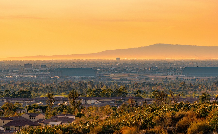 Suburban Orange County landscape at sunset in Southern California