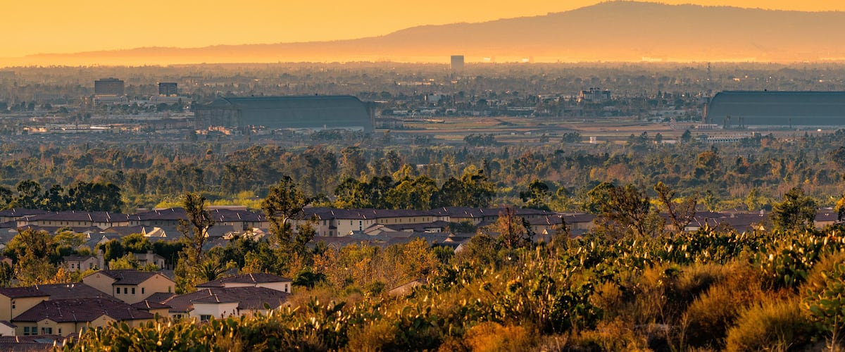 Suburban Orange County landscape at sunset in Southern California