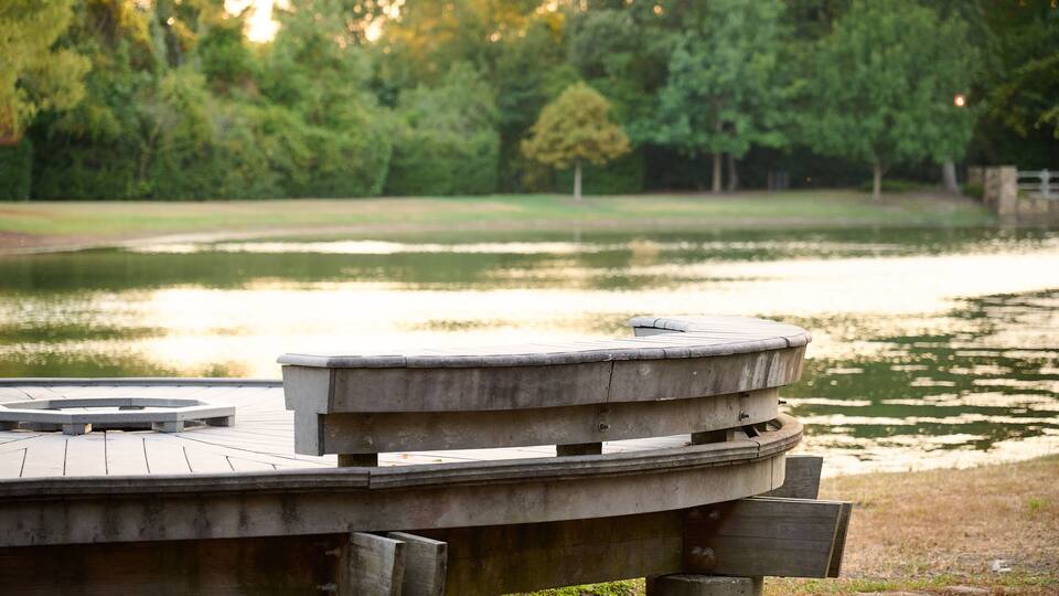 THE WOODLANDS, TEXAS - AUGUST 5th 2023: background settings for outdoor portraits Rob Fleming Park. The lake waters are tranquil, the fall colors are spectacular, there are hidden paths and benches.