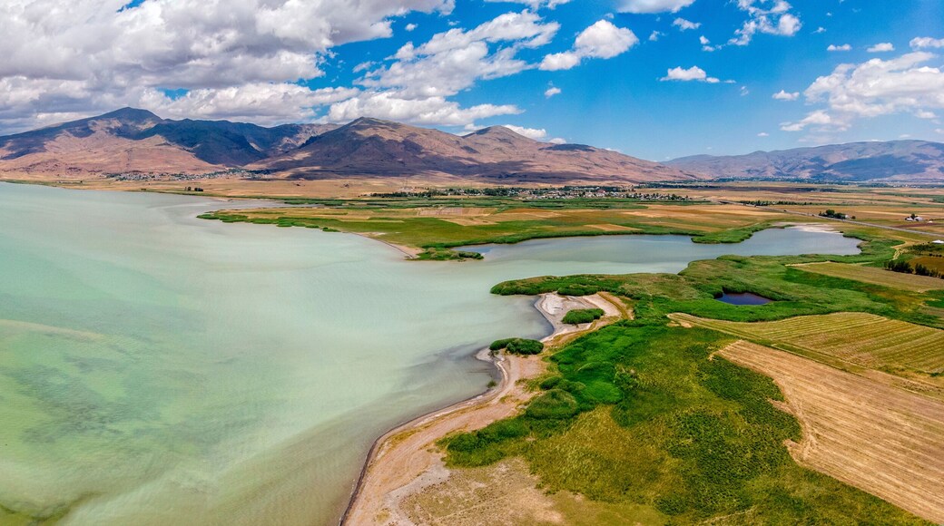 Aerial view of Lake Van the largest lake in Turkey, lies in the far east of that country in the provinces of Van and Bitlis. Fields and cliffs overlooking the crystal clear waters
