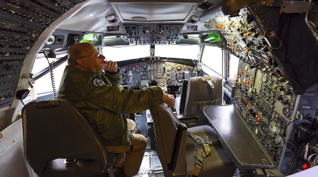 Restored cockpit of Boeing's first 727. Notice the third seat, for the flight engineer - a position which todays more automated planes no longer require. Back in the day, the flight engineer was responsible for much of the plane's mechanical operation, including engines, fuel, electronics, hydraulics, lights, HVAC and more. It was considered an entry level position before you could graduate to first officer or pilot.