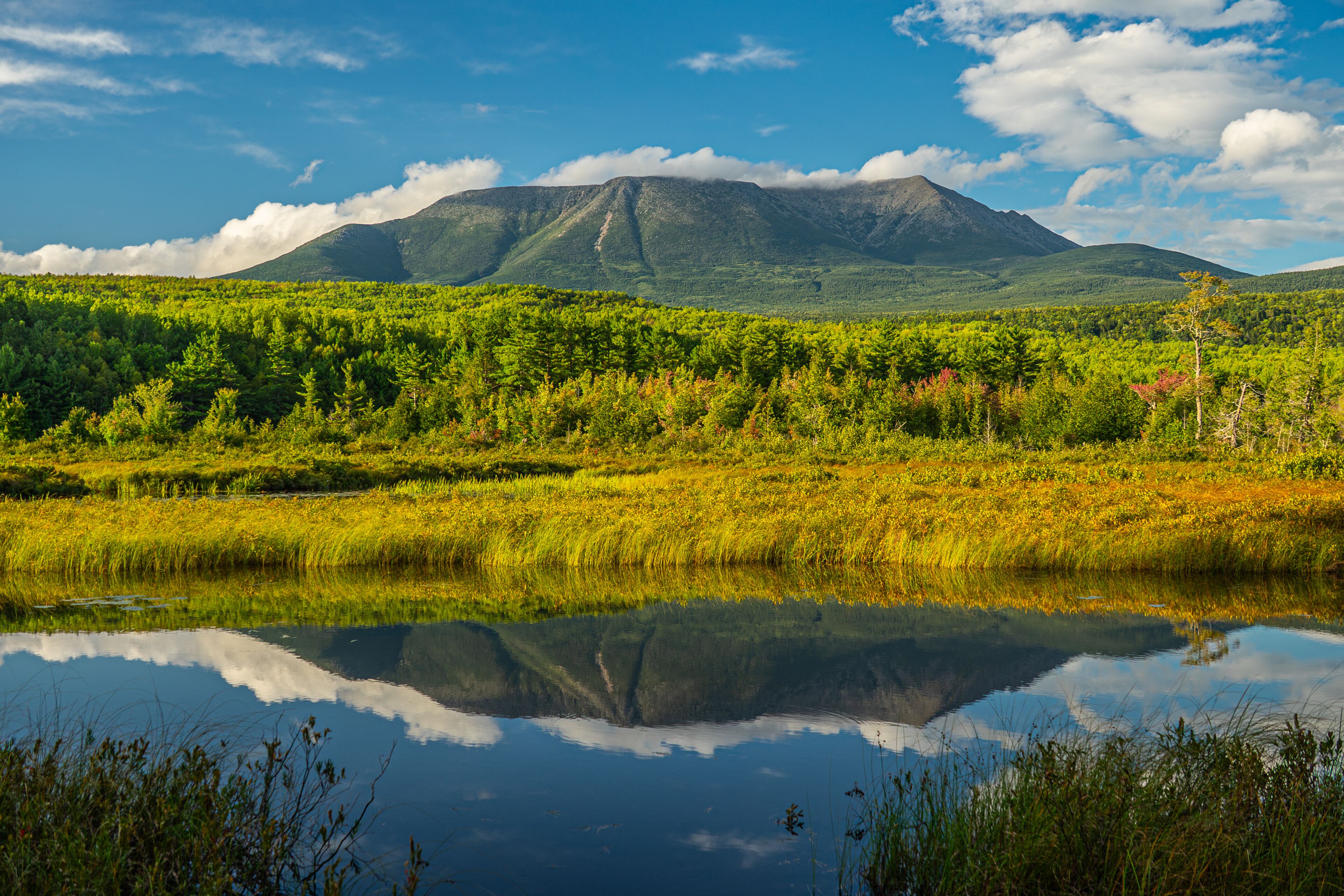 Mount Katahdin reflected in the water of the Abol Stream on a clear summer's day, Millinocket, Maine