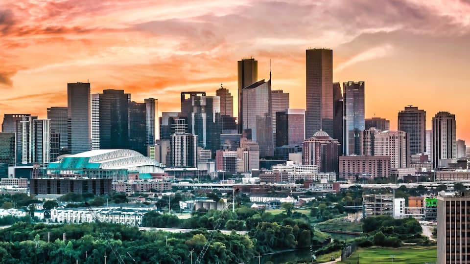 Houston Texas with colorful sunset sky