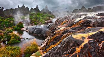 Dramatic geysers of Te Puia, Rotorua Geothermal Park, New Zealand