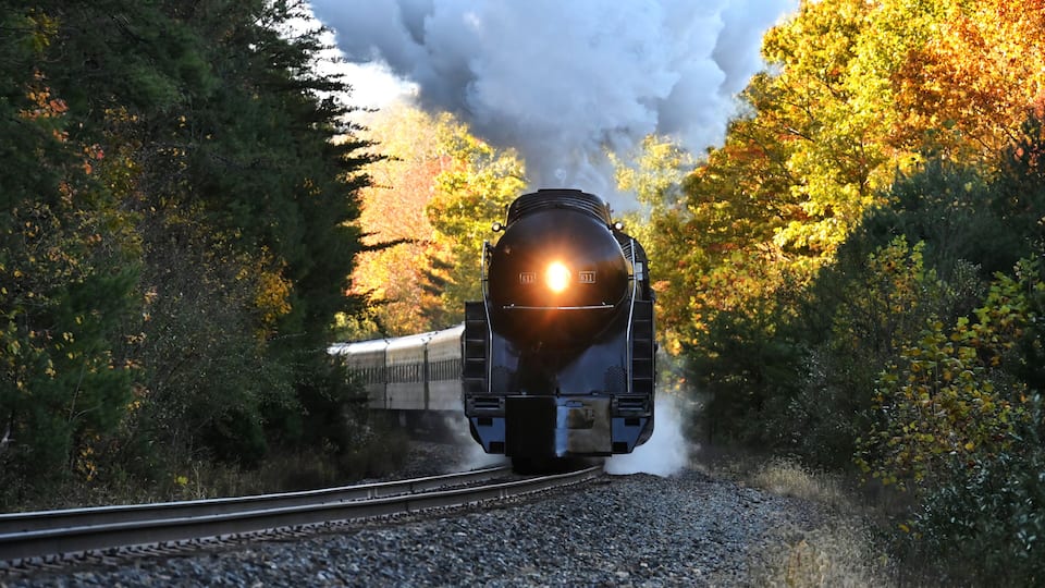 A steam locomotive with the number 611 traveling on tracks surrounded by autumn foliage.