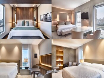 Roupas de cama premium, frigobar, cofres nos quartos