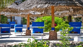 Aan het strand, ligstoelen aan het strand, parasols, strandlakens