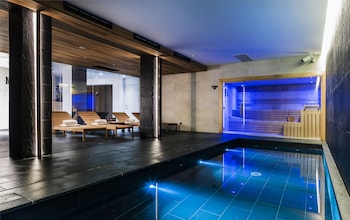 Indoor pool, outdoor pool, pool loungers