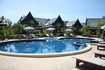 Outdoor pool, pool umbrellas, pool loungers