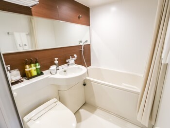Combined shower/tub, hair dryer, slippers, electronic bidet