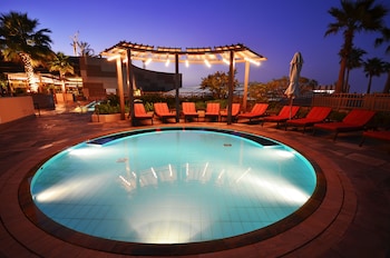 Outdoor pool, pool umbrellas, pool loungers
