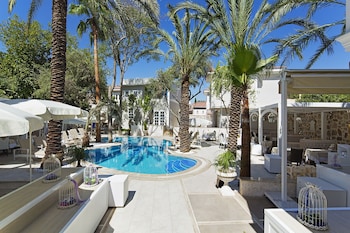 Outdoor pool, pool umbrellas, pool loungers